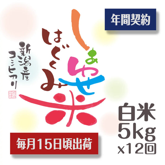 《令和7年産・新米》【オリジナルブランド米】しあわせはぐくみ米 新潟産 コシヒカリ 白米 5kg×毎月15日頃12回配送・送料込み《販売数限定販売》【12ヶ月定期便】